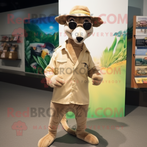 Beige Thylacosmilus mascot costume character dressed with a Playsuit and Sunglasses