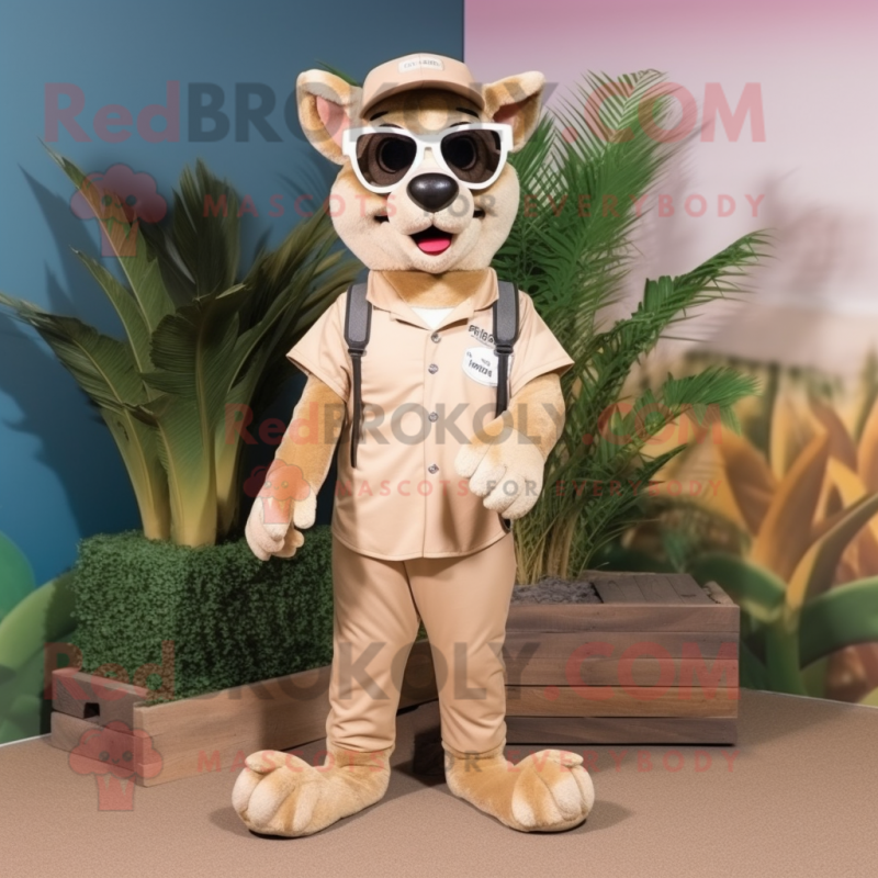 Beige Thylacosmilus mascot costume character dressed with a Playsuit and Sunglasses Beige Thylacosmilus mascot costume character dressed with a Playsuit and Sunglasses