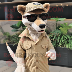 Beige Thylacosmilus mascot costume character dressed with a Playsuit and Sunglasses