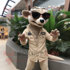 Beige Thylacosmilus mascot costume character dressed with a Playsuit and Sunglasses