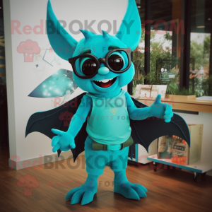 Turquoise Bat mascot costume character dressed with a Culottes and Eyeglasses