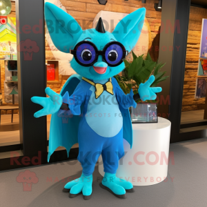 Turquoise Bat mascot costume character dressed with a Culottes and Eyeglasses