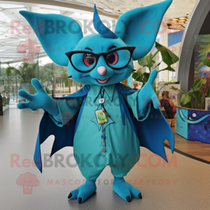 Turquoise Bat mascot costume character dressed with a Culottes and Eyeglasses