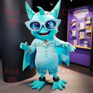 Turquoise Bat mascot costume character dressed with a Culottes and Eyeglasses