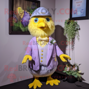 Lavender Canary mascot costume character dressed with a Waistcoat and Lapel pins
