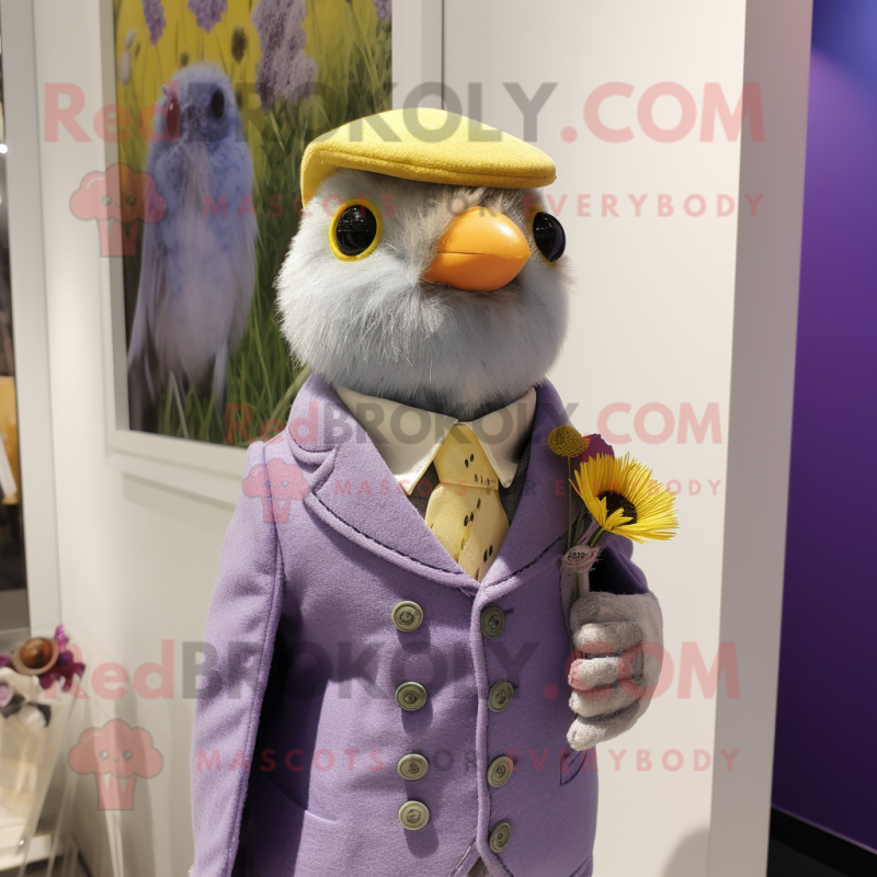 Lavender Canary mascot costume character dressed with a Waistcoat and Lapel pins Lavender Canary mascot costume character dressed with a Waistcoat and Lapel pins