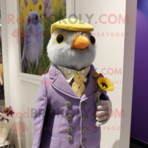 Lavender Canary mascot costume character dressed with a Waistcoat and Lapel pins