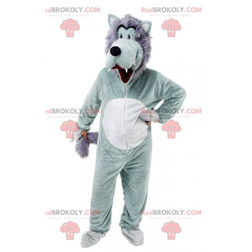 Gray and white wolf mascot, funny and hairy wolf costume -