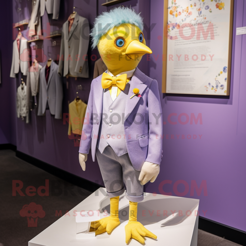 Lavender Canary mascot costume character dressed with a Waistcoat and Lapel pins Lavender Canary mascot costume character dressed with a Waistcoat and Lapel pins