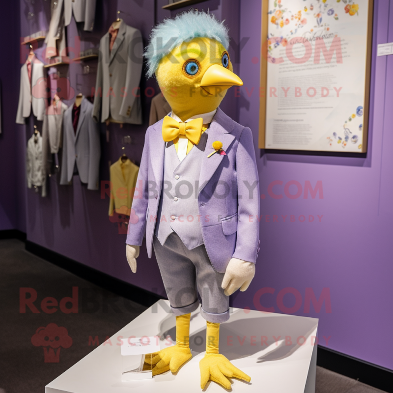 Lavender Canary mascot costume character dressed with a Waistcoat and Lapel pins