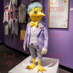 Lavender Canary mascot costume character dressed with a Waistcoat and Lapel pins