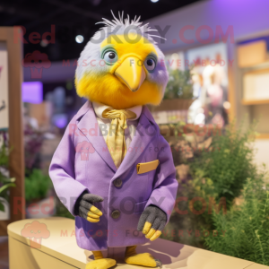 Lavender Canary mascot costume character dressed with a Waistcoat and Lapel pins