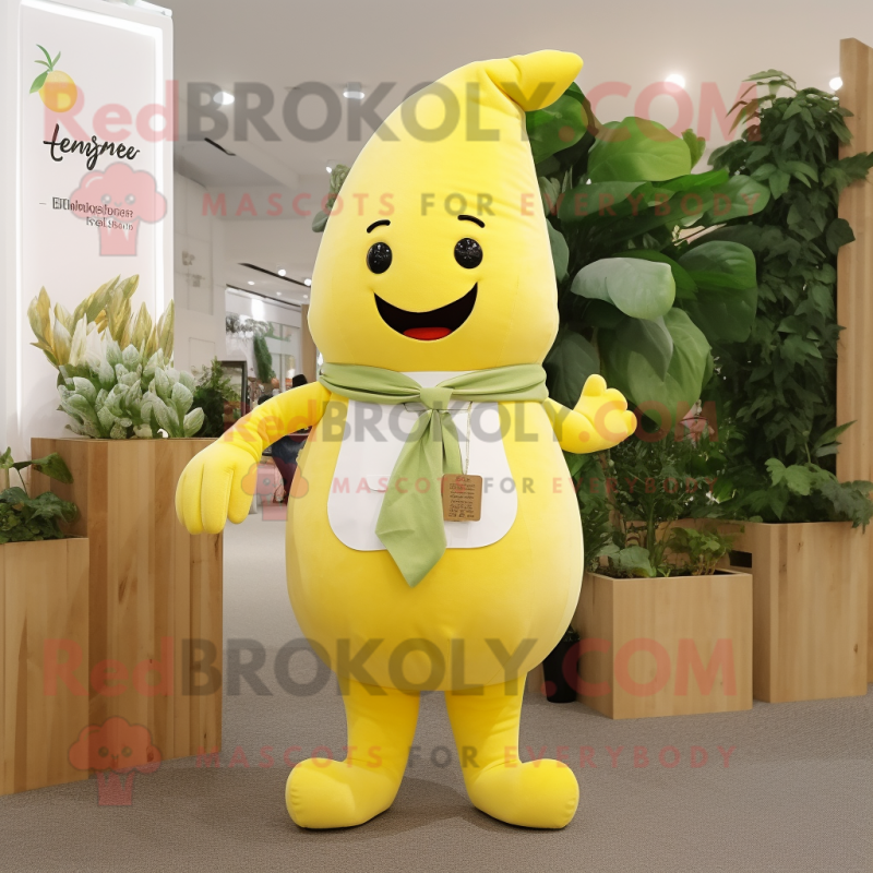 Lemon Yellow Radish mascot costume character dressed with a Henley Shirt and Suspenders