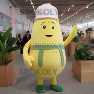 Lemon Yellow Radish mascot costume character dressed with a Henley Shirt and Suspenders