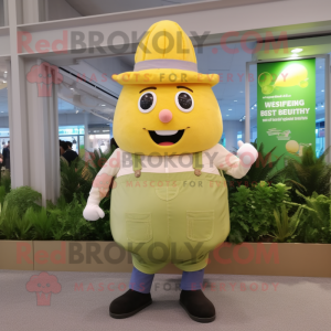 Lemon Yellow Radish mascot costume character dressed with a Henley Shirt and Suspenders
