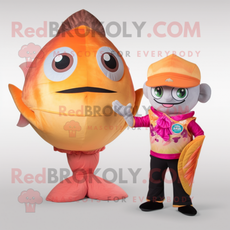 Peach Fish Tacos mascot costume character dressed with a Rash Guard and Cummerbunds Peach Fish Tacos mascot costume character dressed with a Rash Guard and Cummerbunds