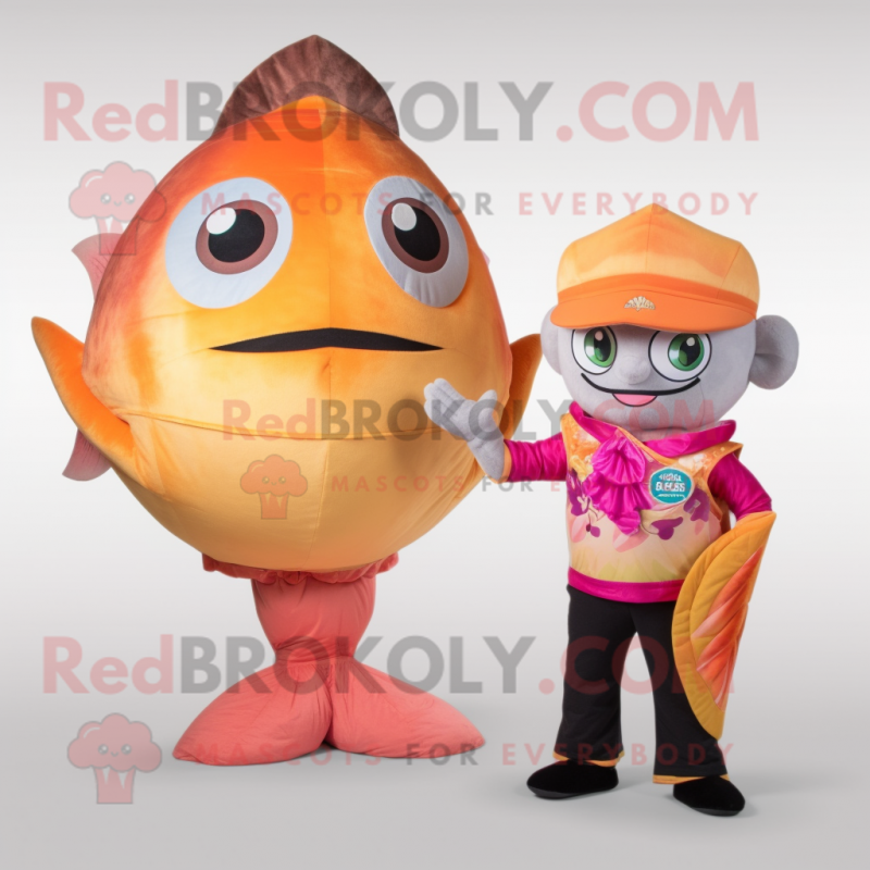 Peach Fish Tacos mascot costume character dressed with a Rash Guard and Cummerbunds