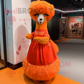 Orange Alpaca mascot costume character dressed with a Evening Gown and Shoe laces