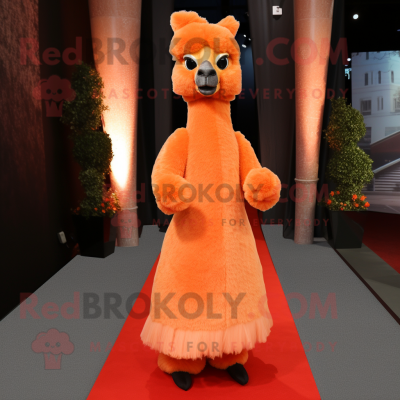 Orange Alpaca mascot costume character dressed with a Evening Gown and Shoe laces