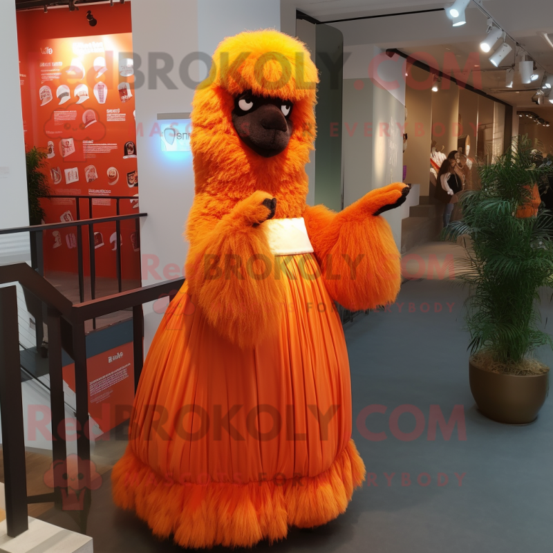 Orange Alpaca mascot costume character dressed with a Evening Gown and Shoe laces