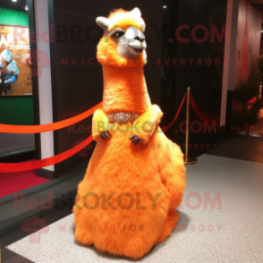 Orange Alpaca mascot costume character dressed with a Evening Gown and Shoe laces