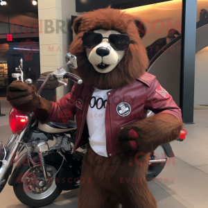 Maroon Sloth Bear mascot costume character dressed with a Moto Jacket and Sunglasses