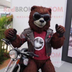 Maroon Sloth Bear mascot costume character dressed with a Moto Jacket and Sunglasses