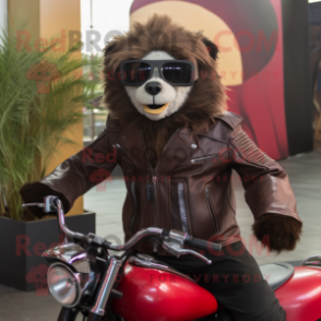 Maroon Sloth Bear mascot costume character dressed with a Moto Jacket and Sunglasses