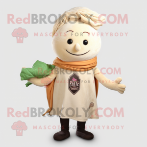 Beige Beet mascot costume character dressed with a Vest and Shawls