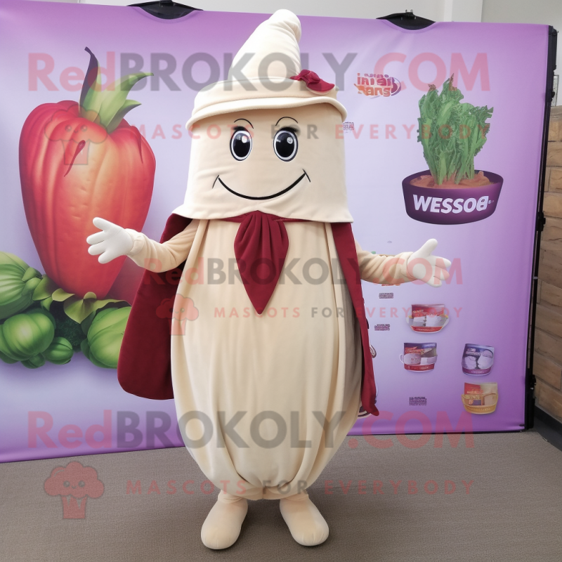 Beige Beet mascot costume character dressed with a Vest and Shawls