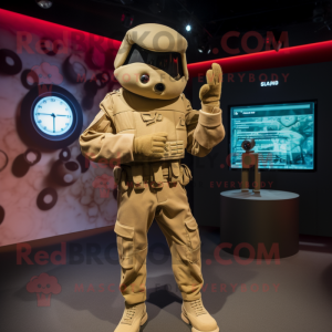 Tan Soldier mascot costume character dressed with a Playsuit and Digital watches