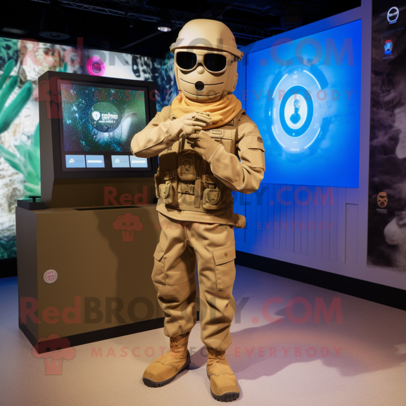 Tan Soldier mascot costume character dressed with a Playsuit and Digital watches Tan Soldier mascot costume character dressed with a Playsuit and Digital watches