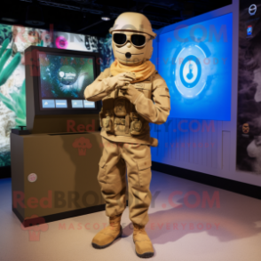 Tan Soldier mascot costume character dressed with a Playsuit and Digital watches