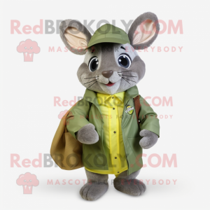 Olive Chinchilla mascot costume character dressed with a Raincoat and Messenger bags