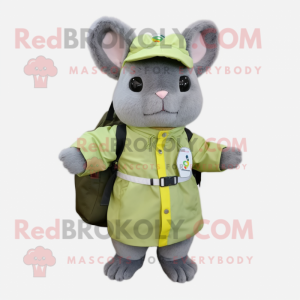 Olive Chinchilla mascot costume character dressed with a Raincoat and Messenger bags