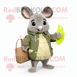 Olive Chinchilla mascot costume character dressed with a Raincoat and Messenger bags