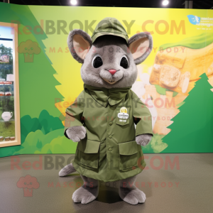 Olive Chinchilla mascot costume character dressed with a Raincoat and Messenger bags