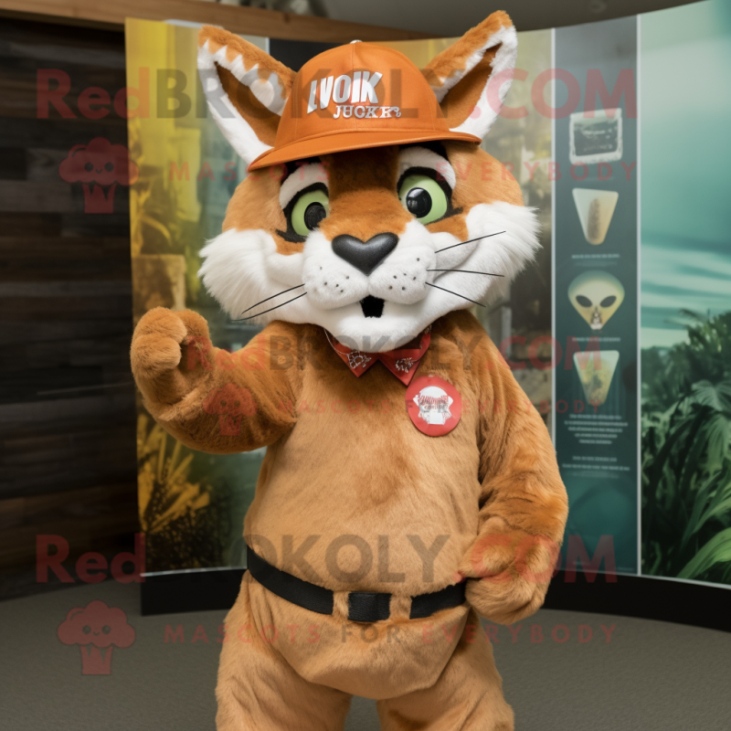 Rust Lynx mascot costume character dressed with a A-Line Skirt and Hats Rust Lynx mascot costume character dressed with a A-Line Skirt and Hats