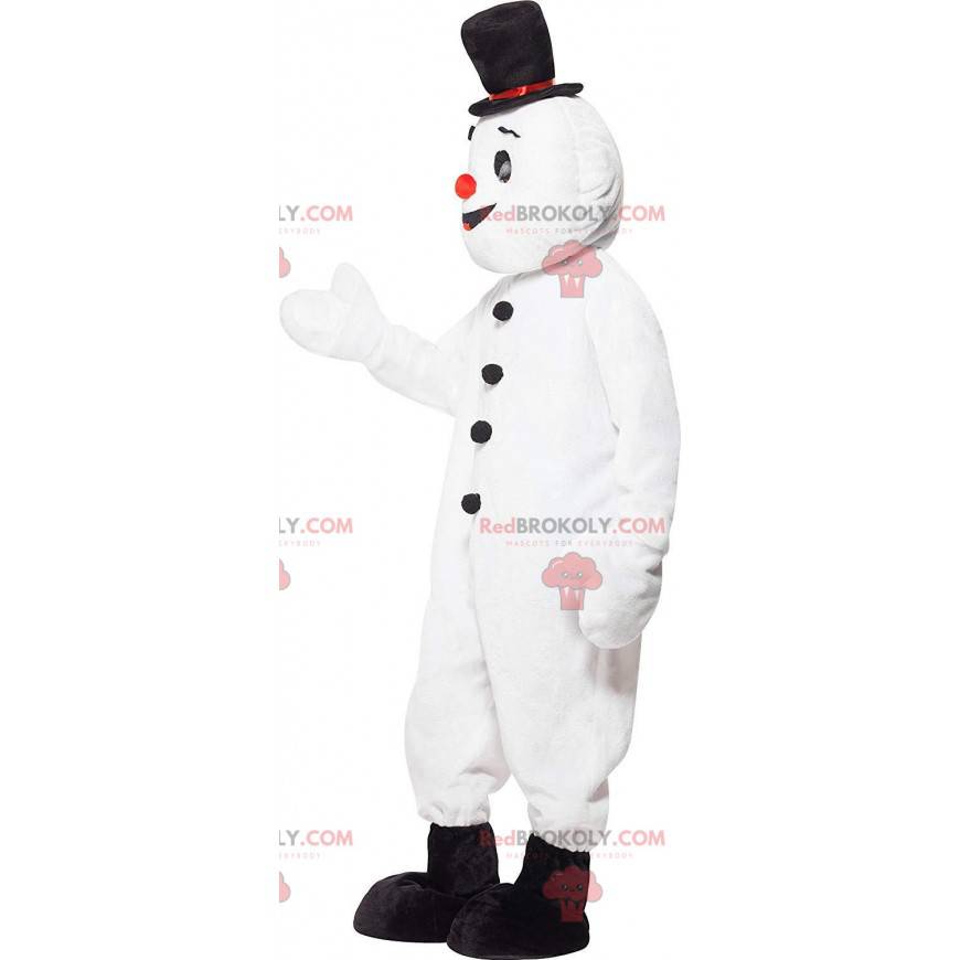 Mascotte de bonhomme de neige blanc avec un chapeau -