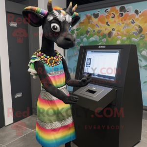 Black Okapi mascot costume character dressed with a Midi Dress and Wraps