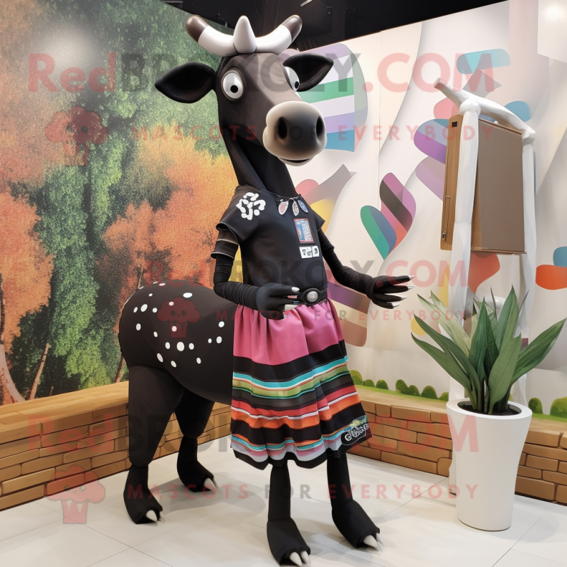 Black Okapi mascot costume character dressed with a Midi Dress and Wraps Black Okapi mascot costume character dressed with a Midi Dress and Wraps