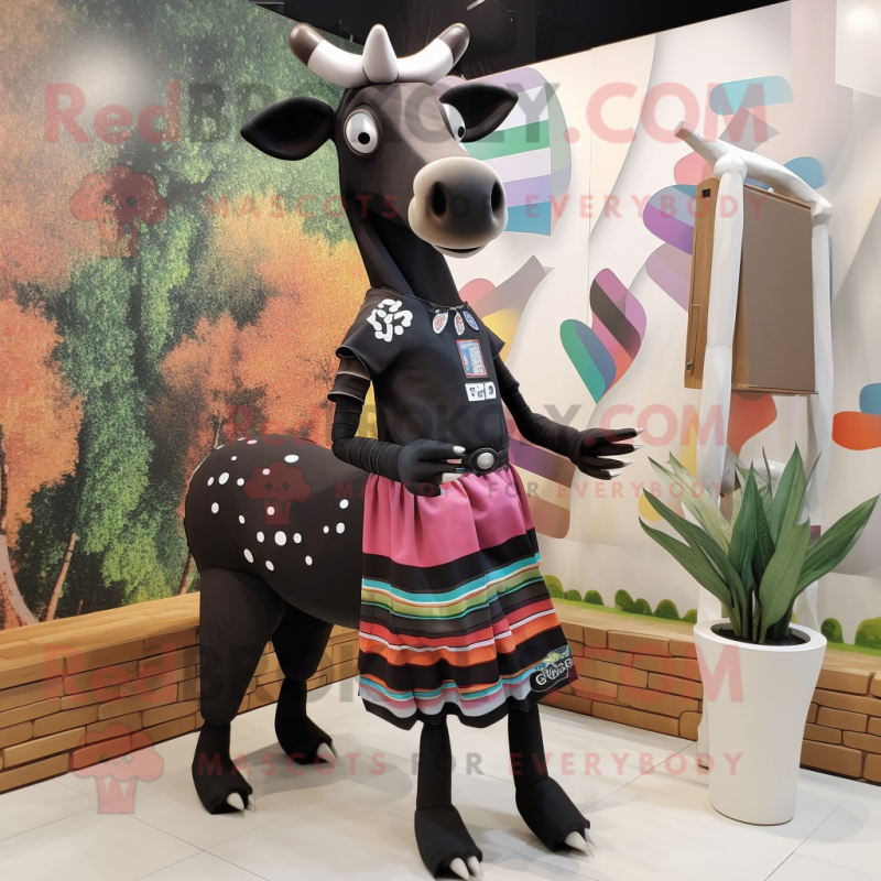 Black Okapi mascot costume character dressed with a Midi Dress and Wraps