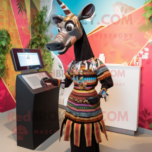 Black Okapi mascot costume character dressed with a Midi Dress and Wraps