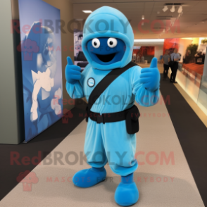 Cyan Gi Joe mascot costume character dressed with a Maxi Dress and Backpacks