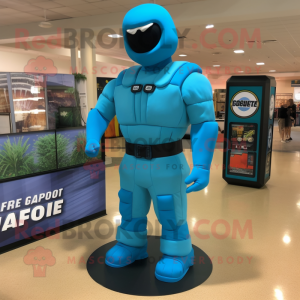 Cyan Gi Joe mascot costume character dressed with a Maxi Dress and Backpacks