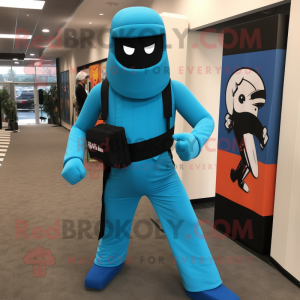 Cyan Gi Joe mascot costume character dressed with a Maxi Dress and Backpacks