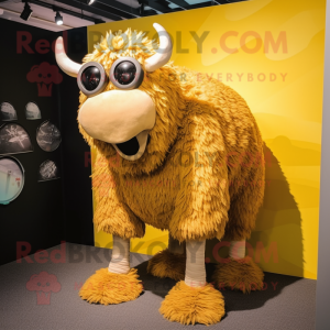 Gold Woolly Rhinoceros mascot costume character dressed with a Capri Pants and Eyeglasses