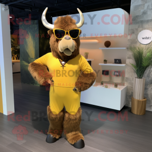 Gold Woolly Rhinoceros mascot costume character dressed with a Capri Pants and Eyeglasses