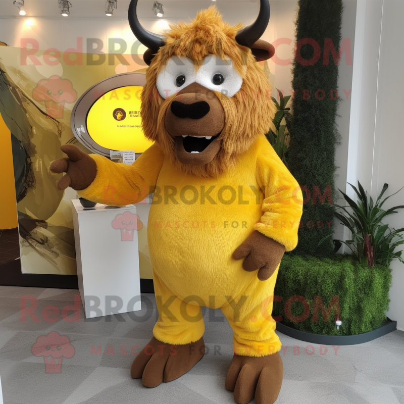 Gold Woolly Rhinoceros mascot costume character dressed with a Capri Pants and Eyeglasses