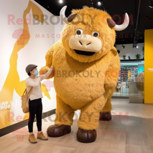 Gold Woolly Rhinoceros mascot costume character dressed with a Capri Pants and Eyeglasses